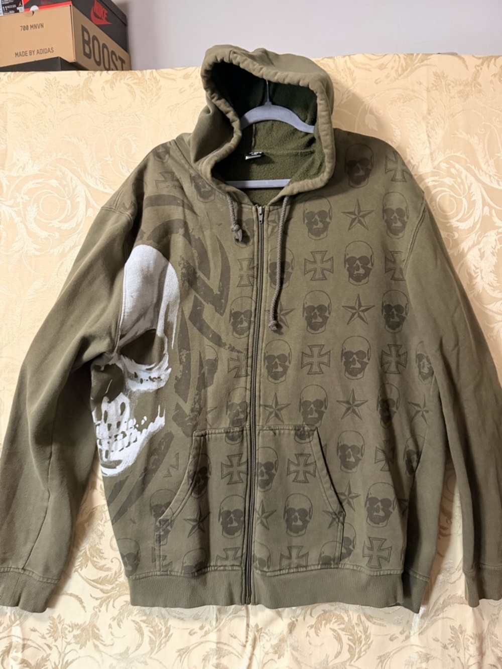 Men's Olive Zip-Up Hoodie with Skull Print